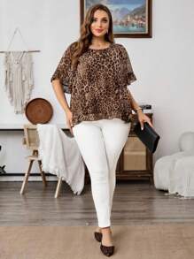 EMERY ROSE Plus Size Women's Leopard Print Ruffle Sleeve Loose Fashion Blouse Summer,Autumn,Fall Women's Clothes - Brown - View 4