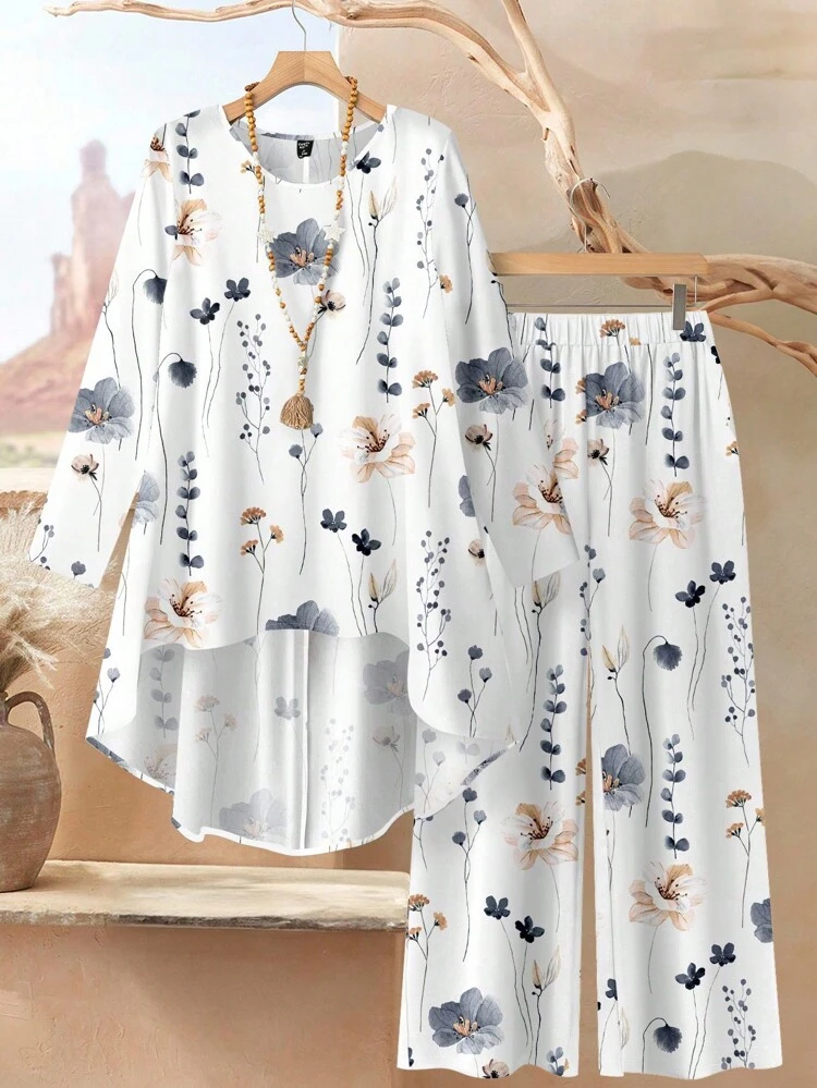 2pcs Women Loose Fit Round Neck Long Sleeve Top And Pants Set, Summer Outfit Women Floral Print Shirt Sets Women Pajama Sets Women Loungewear Sets Women Two Pieces Outfits Floral Pant Sets Floral Pants Sets For Women Women Summer Pant Sets Floral Shirt Sets Women Pants Sets Women Summer Pants Sets Women Fall Clothes,Casual