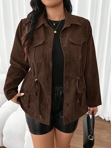 SHEIN Frenchy Plus Flap Pocket Drawstring Waist Jacket,Barnfit,Barn In Fall/Winter - Chocolate Brown - View 3