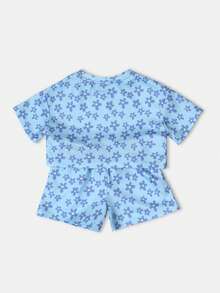 SUMWON Floral Print Summer Crop T-Shirt Co-Ord Set With Matching Shorts Cute Daisy Pattern Girls Holiday Festival Beach Vacation Two Piece Outfit - Blue - View 2