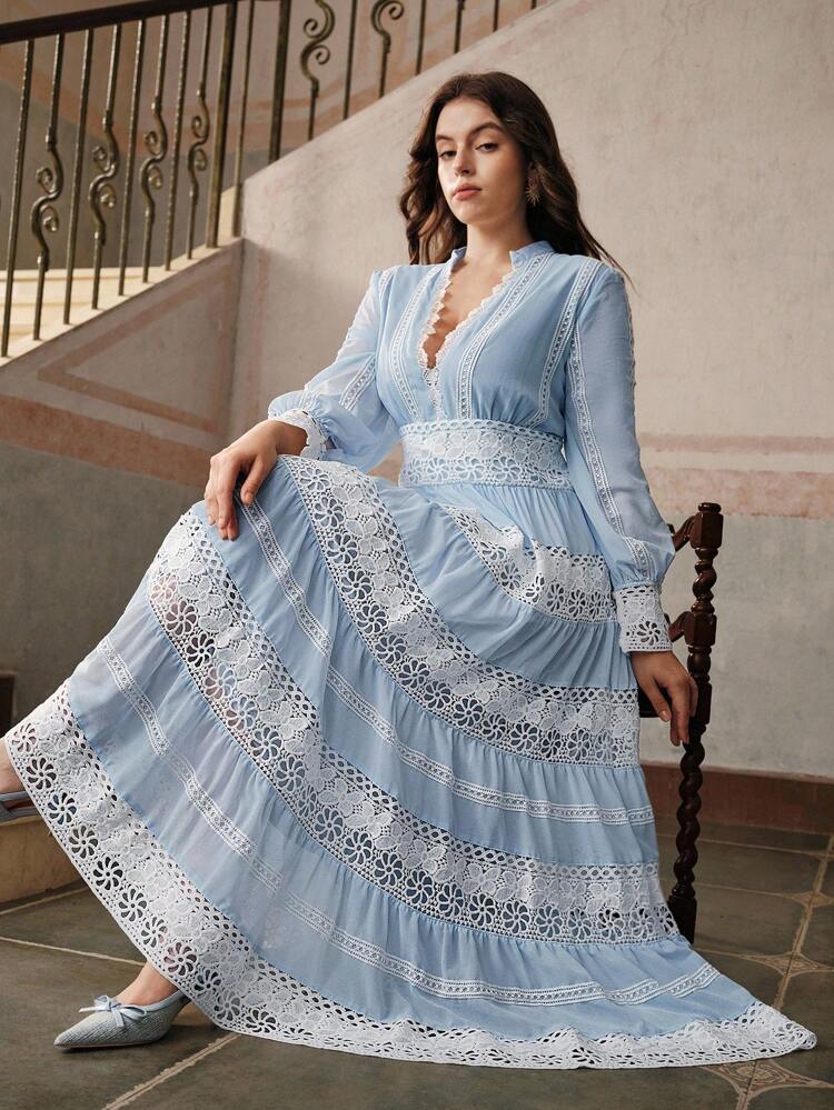 Plus Size Women's Elegant Fashion Resort Date Courtly Hollow-Out Lace Patchwork Romantic Long Dress, Suitable For Spring, Festival, Holiday