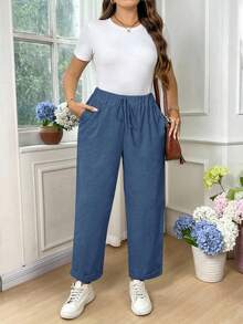 EMERY ROSE 大码女式纯棉弹力腰带口袋休闲翻领裤 - 水鴨藍 - 查看 8