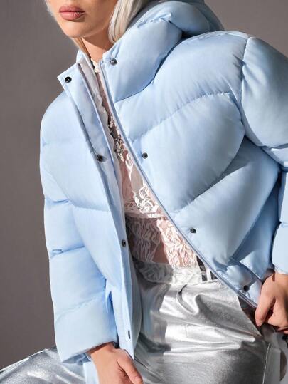 CasuGlow Puffer Jacket With Quilted Design, Front Flap Pockets With Button Closure, Full-Length Sleeves, High Collar, Warm And Casual Style Womens Puffer Jacket Womens Blue Puffer Jacket Womens Hooded Puffer Jacket Light Blue Puffer Jacket Puffer Coat
