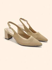 CUCCOO BASICS Women's Pointed Toe Chunky Heel Mid-Heel Slip-On Knit Backstrap Breathable Pumps, Spring/Summer - Khaki - View 3