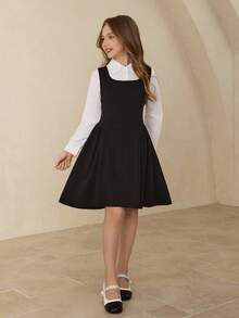 Girls' Casual Stylish Elegant Lapel Raglan Sleeve White Shirt&High Waist Vest Dress Set,Black And White,Autumn,School,Back-To-School All Season Outfit - Black - View 6