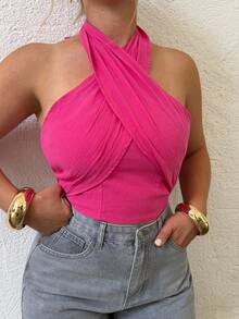 Jeta Ari Women's Summer Casual Solid Color Backless Cross Halter Neck Camisole - Hot Pink - View 3