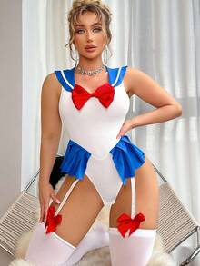 SHEIN 3pcs/Set Halloween Party Sexy Suspender Bodystocking + 2pcs Socks Anime Cosplay Cosplay Lingerie - Blue and White - View 4