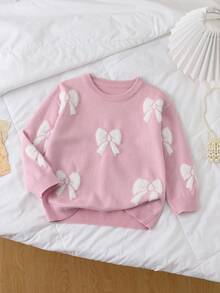 SHEIN Vintaside Kids Young Girls' Thick Pink Sweater With White Bow Crew Neck Pullover, Casual & Cute For Layering, Or Party Wear In Autumn/Winter Fall - Pink - View 1