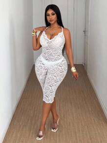 Maweii Plus Size Sexy Sheer Lace Backless Halter Bodysuit, Summer - Beige - View 6