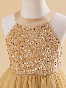 Glamorique Kids 1pc Red Girls' Halter Neck Dress, Top Half With Glitter Decor, Bottom Half With Fluffy Mesh Skirt, Suitable For Performances, Banquets And Other Formal Occasions To Showcase Childlike Innocence And Elegance Fall Winter