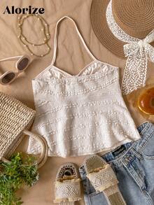 少女杏色吊带蕾丝提花A字露脐吊带背心，适合夏季休闲度假穿着 - 杏色 - 查看 2