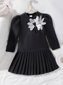 SHEIN Elladie kids 女童时尚白色花朵装饰褶皱下摆黑色圆领长袖连衣裙，舒适时尚，适合秋冬季节穿着。 - 黑色 - 查看 3