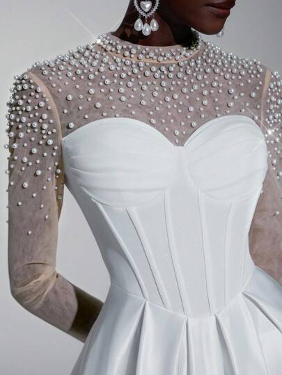 Elitara 优雅白色网眼简约透明长袖手工串珠肩腰带覆层 A 字长裙新娘婚纱