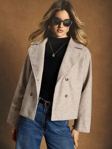 Poéselle 短款双排扣翻领大衣 – 女士时尚百搭双排扣大衣，简约别致的冬季假日及圣诞节外套（2025款） - 杏色 - 查看 6