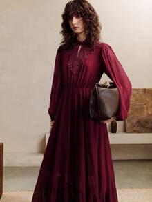 EMERY ROSE 女式纯色简约蕾丝领长袖连衣裙 - 酒紅色 - 查看 6