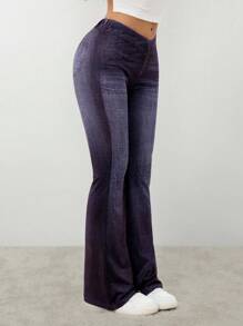 SHEIN PETITE CURVE Plus Size Non-Denim Flare Leg Pants, Denim Effect Print - Navy Blue - View 5