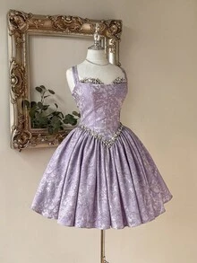 Lovelzi Váy dạ hội trang trọng chữ A ngắn không tay bằng vải satin jacquard màu tím sang trọng và thanh lịch dành cho nữ - Màu tím - Xem 7
