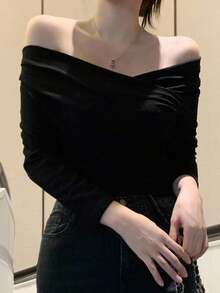 DAZY Elegant Off Shoulder Design Fitted Women T-Shirt Long Sleeve Top - Black - View 8