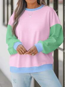 SHEIN EZwear 女士休闲简约拼色条纹圆领短袖宽松T恤，适合秋冬季 - 彩色 - 查看 3