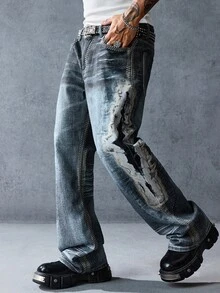 ROMWE MEN Street Life Jeans casuales y versátiles para hombres con cierre de botones y pierna entallada - Azul - Ver 7