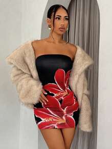 Glamine Váy ngắn màu đen in hoa đỏ hở vai gợi cảm mùa hè - màu đen - Xem 4