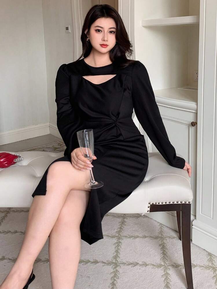 Dazy Plus Plus Size Women Solid Color Round Neck Hollow Waist Twist Cut-Out Long Sleeve Fitted Dress, Autumn Prom Dress Elegant Women Dresses Maxi Dress