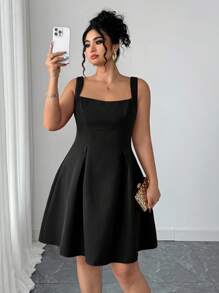 Elenzga Plus Size Women's Solid Color Sleeveless Square Neck Waist Cinched A-Line Dress Black Cocktail Dress Square Neck Dress Sleeveless Black Dress Black Dress Black Summer Dress