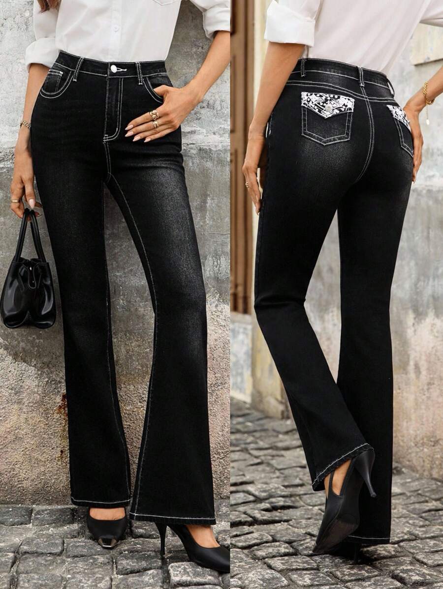 EMERY ROSE 女式刺绣图案牛仔喇叭裤 - 黑色 - 查看 1