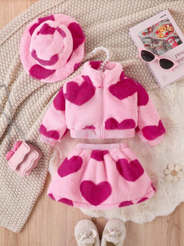 Baby Girl Elegant Heart Print Fluffy Sweater Set With Hat, Fall/Winter Clothes - Pink - View 7