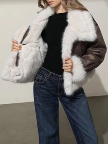 Aveloria Modichic Women's Faux Fur & PU Leather Patchwork Jacket, Stand Collar Fluffy Furry Splicing Coat - Brown - View 7