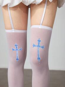 ROMWE Grunge Punk 1 Pair Gothic Style Dark Cross Pattern Thigh High Socks - White - View 2
