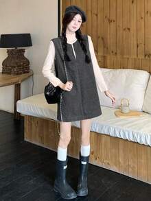 DAZY Váy mini xếp lớp phong cách Hàn Quốc đơn sắc dành cho nữ - màu đen - Xem 5