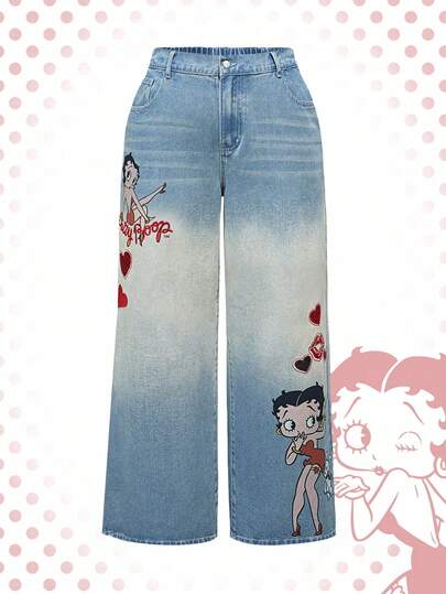 Betty Boop | ROMWE Plus Size Women Embroidered Distressed Vintage Washed Denim Jeans