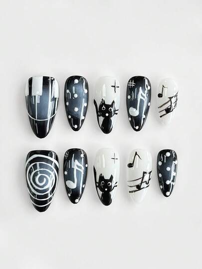 Anime 10 piezas Uñas postizas de alta calidad con estilo oscuro con notas musicales y patrón de teclas de piano a lunares, + 3 piezas de adhesivo doble cara, Pegatinas de uñas estilo Y2K degradado azul y negro, Pegatinas de arte de uñas de gato negro pintadas a mano removibles, Adecuado para vacaciones, fiestas, baile y uso diario