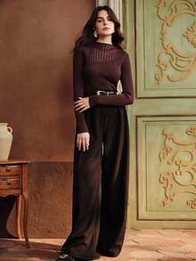 Anewsta Semi-Turtleneck Sheer Fitted Knit Sweater - Brown - View 4