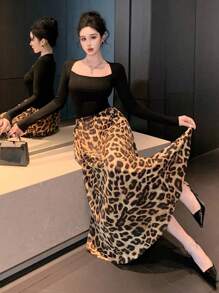 DAZY Gonna a-line casual da donna, stampa leopardata autunnale - Caffè Marrone - Visualizzare 5