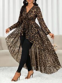 SHEIN Lady 女式豹纹V领前短后长袖衬衫 - 彩色 - 查看 7