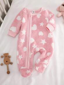 رومبير نوم وبيجامة للأطفال حديثي الولادة مريحة وكاجوال يومية، مطبوعة بنجوم وقلوب باللونين الوردي والأبيض - متعدد الألوان - مشاهدة 8