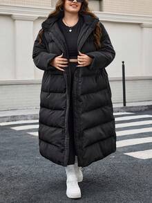 SHEIN CURVE+ 女式加大码连帽长款夹棉外套（配腰带），秋冬 - 黑色 - 查看 4