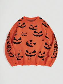 Manfinity Roghcode Tricot ample à col rond pour hommes avec motif citrouille, pour Halloween, automne et hiver - Multicolore - Voir 3