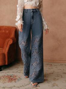 Anewsta Savoree Women's High Waist Embroidered Hollow Out Loose Wide Leg Straight Jeans Pants, Winter