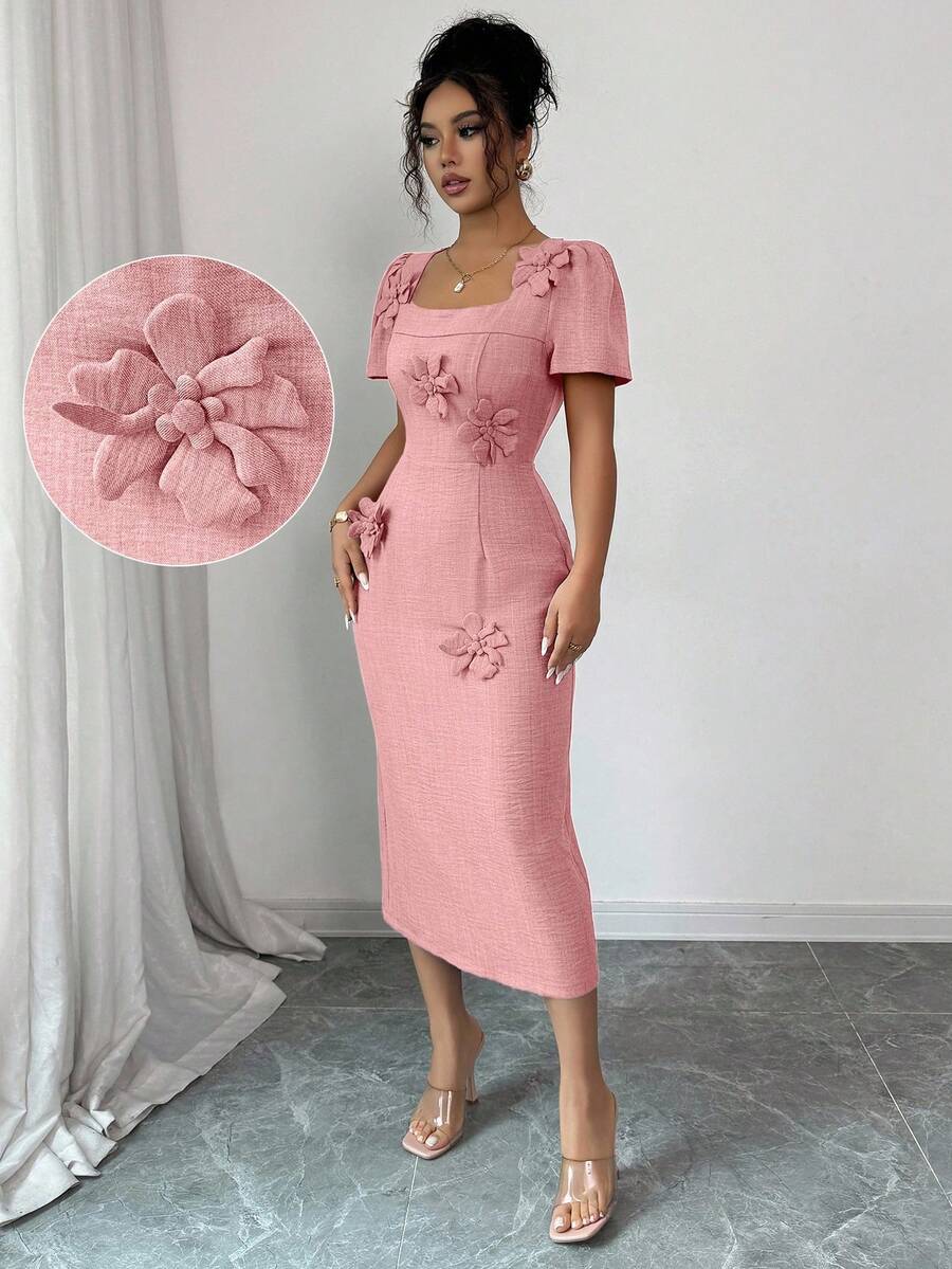 Elenzga Vestido de verano de longitud media con elegante decoración floral 3D para mujer - Rosa vieja - Ver 1