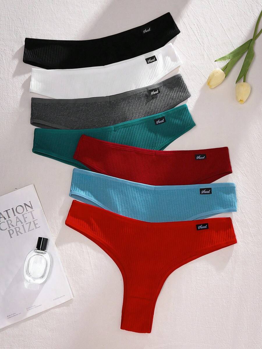 SHEIN 7pcs/Pack Plus Size Seamless Solid Color Briefs, Ribbed Thong Underwear - Multicolor - View 1