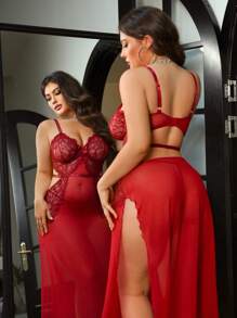 SHEIN Seduluxe 2 piezas Conjunto de lencería de talla grande con encaje y malla de contraste con aros