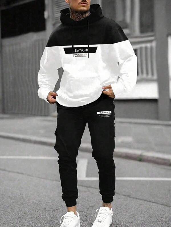 Manfinity Homme 2pcs Men's Solid Color Patchwork Letter Print Hooded Sweatshirt And Pants Set