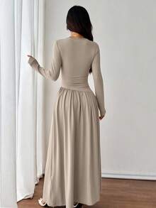 SHEIN PETITE Váy dài tay viền bèo nhún thanh lịch cho mùa xuân và mùa thu - Cà phê - Xem 2