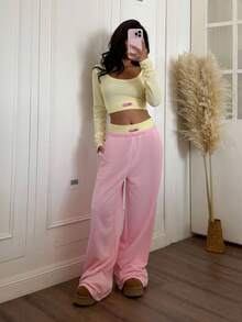 CovetEZ 2件套女士休闲拼色短款上衣和裤子套装 - 粉色 - 查看 4