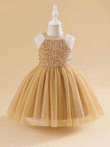 Glamorique Kids 1pc Red Girls' Halter Neck Dress, Top Half With Glitter Decor, Bottom Half With Fluffy Mesh Skirt, Suitable For Performances, Banquets And Other Formal Occasions To Showcase Childlike Innocence And Elegance Fall Winter