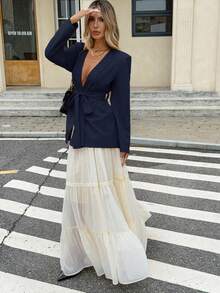 Siren Gaze Casual & Commute Solid Color Linen Thin Blazer In Fall/Winter Blue - Navy Blue - View 4