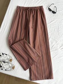 SHEIN Comfortcana Linen Textured Striped Drawstring Waist Comfortable Casual Plus Size Pants - Red - View 6